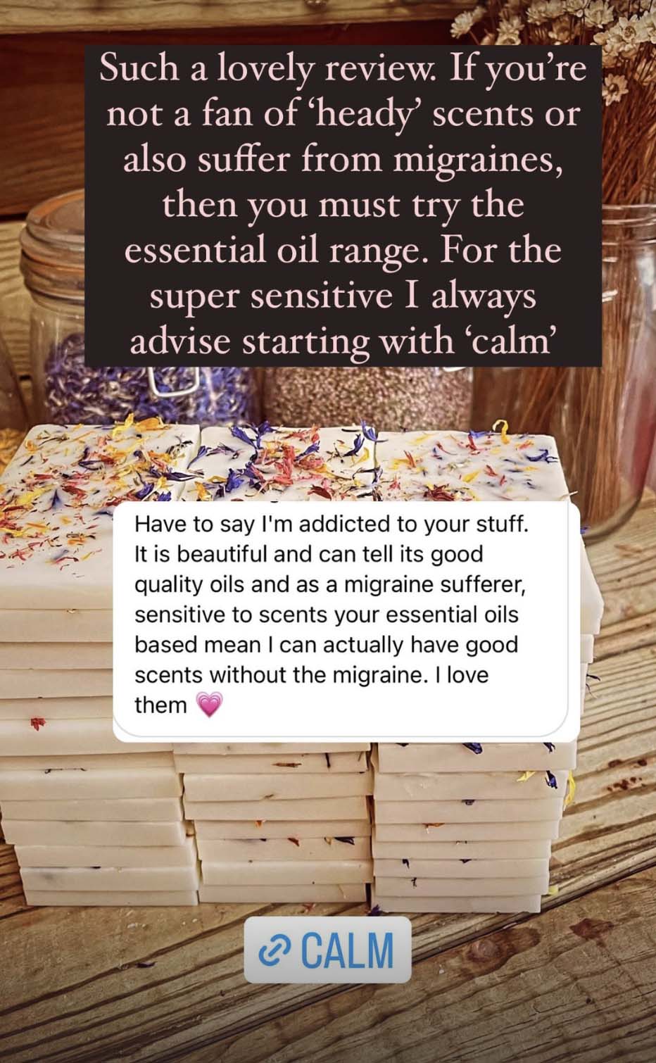 Stack of wax pop products with a testimonial overlay on a wooden surface, featuring a 'CALM' product logo.