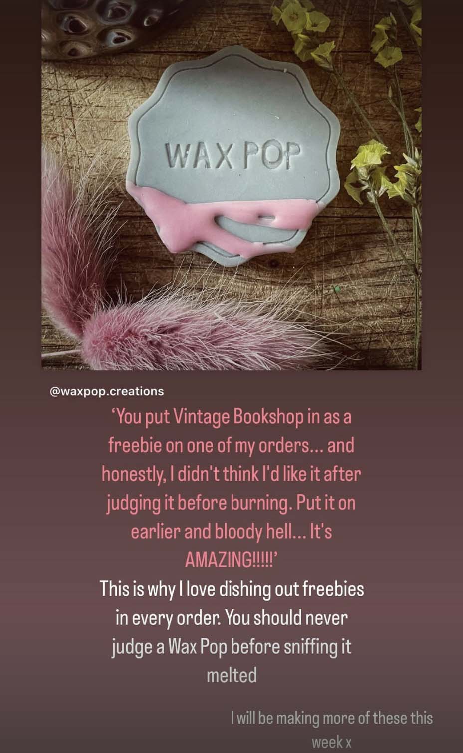 Wax Pop product with a pink reed on a wooden surface, text overlay about a freebie experience.